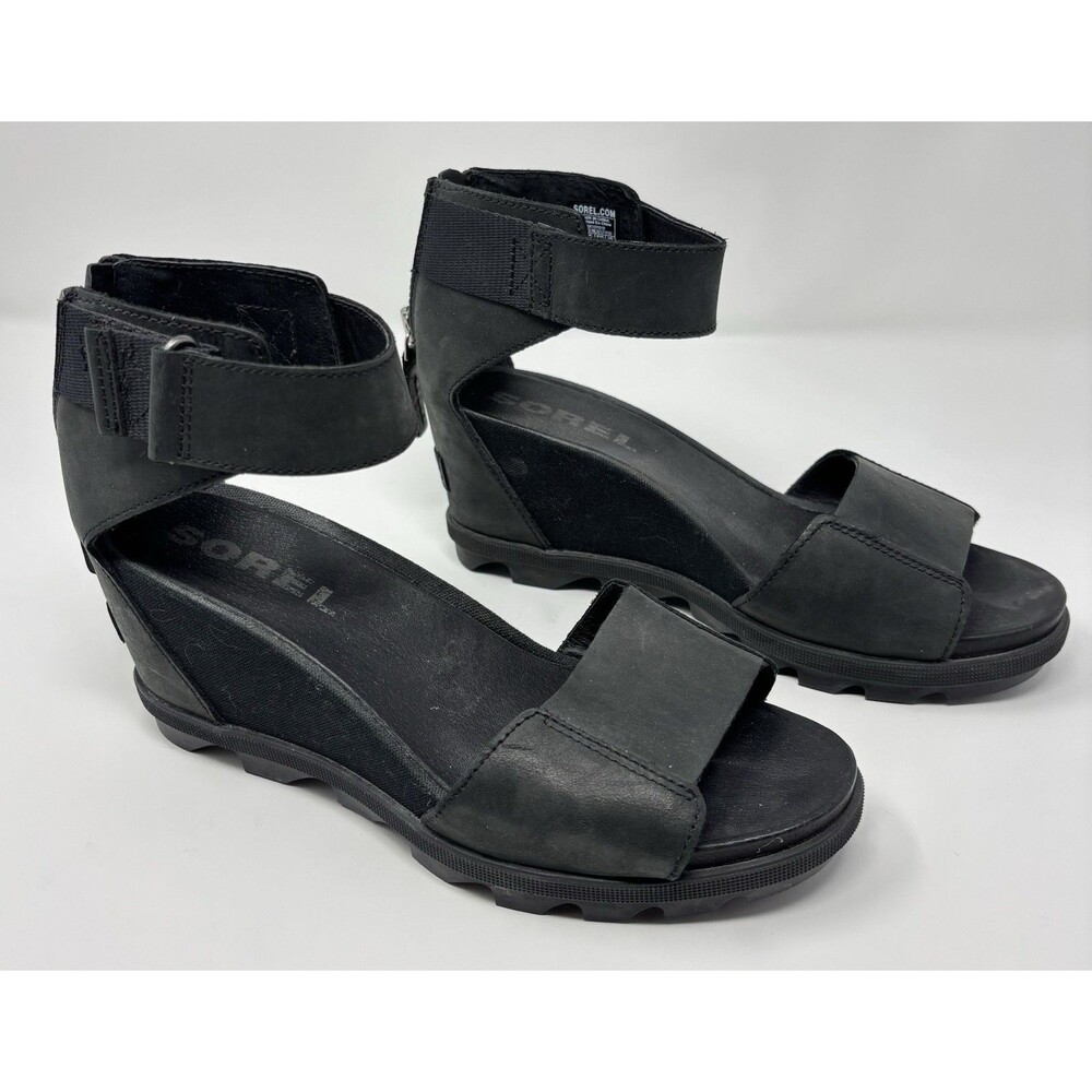 Sorel Womens Joanie II Black Leather Wedge Ankle Strap Sandals Sz 8.5 NL3217-010